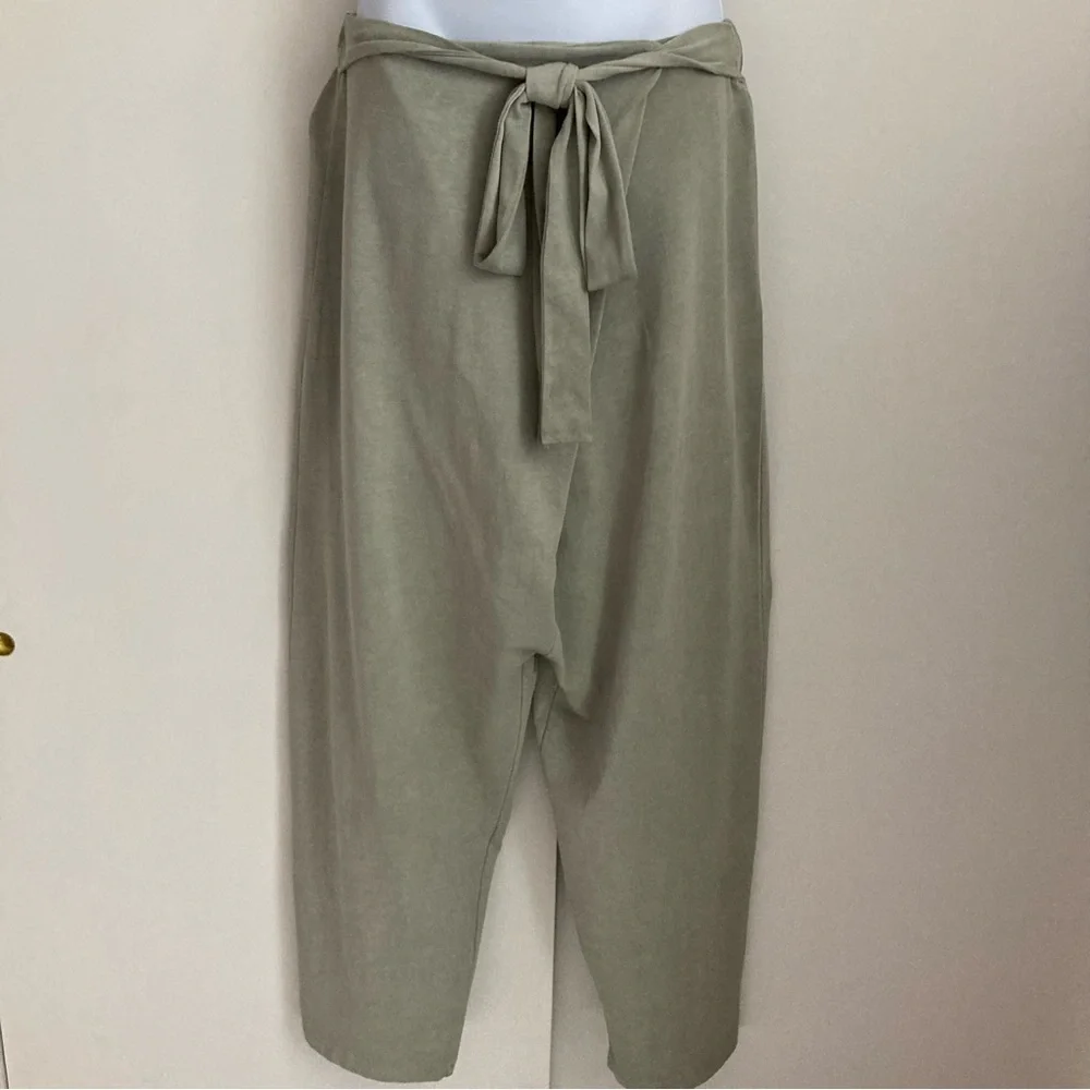 Zara Green Tie Waist Draped Drop Crotch 100% Cotton Harem Style Pants, NWT Sz M